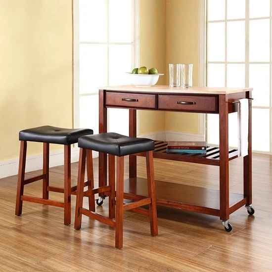 Crosley Furniture 3-piece Wood Top Kitchen Island Cart & Counter Stool Set Cherry - Image 4