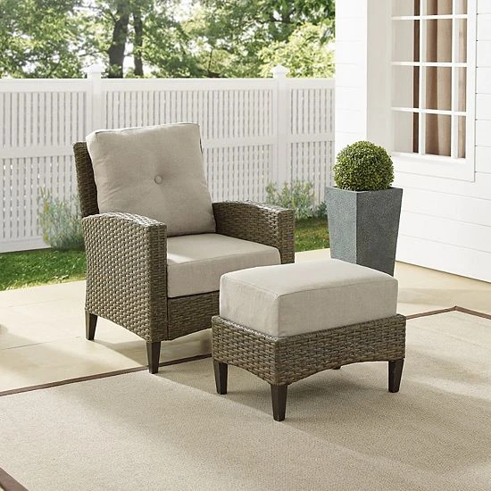 Crosley Rockport Patio Wicker High Back Arm Chair & Ottoman 2-piece Set - Image 2