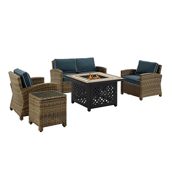 Crosley Bradenton Wicker Patio Loveseat, Arm Chair, End Table & Fire Pit 5-piece Set Weathered Brown Sand 4 Crosley Bradenton Wicker Patio Loveseat, Arm Chair, End Table & Fire Pit 5-piece Set Weathered Brown Sand - Image 3