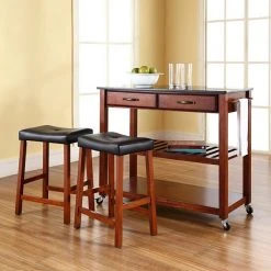 Crosley Furniture 3-piece Black Granite Top Kitchen Island Cart & Counter Stool Set Cherry