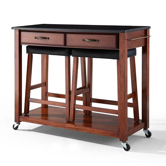 Crosley Furniture 3-piece Black Granite Top Kitchen Island Cart & Counter Stool Set Cherry - Image 2