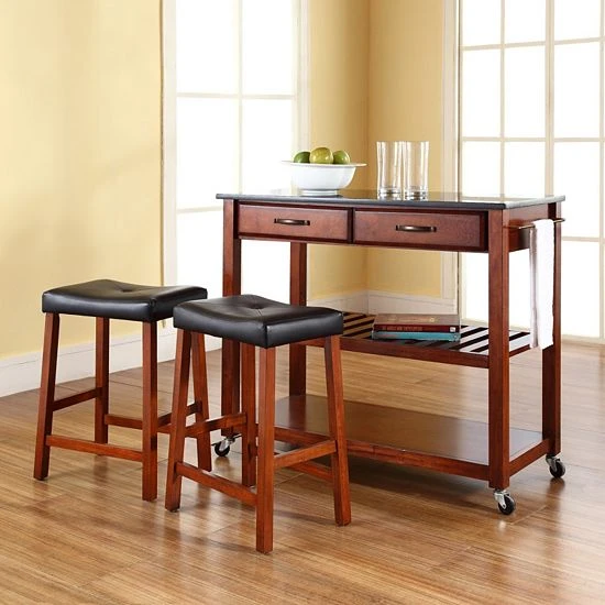 Crosley Furniture 3-piece Black Granite Top Kitchen Island Cart & Counter Stool Set Cherry - Image 3