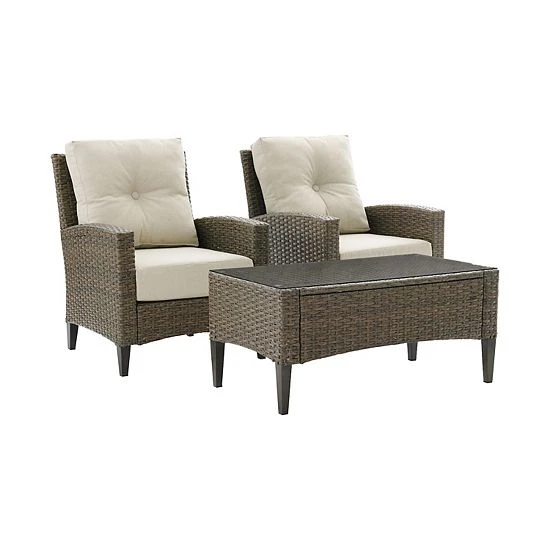 Crosley Rockport Outdoor 3-Piece Wicker Chair & Coffee Table Set