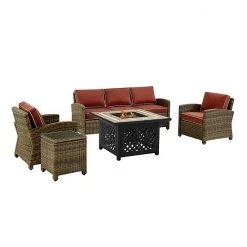 Crosley Furniture Bradenton 5-Piece Outdoor Wicker Conversation Set With Navy Cushions Weathered Brown Sand