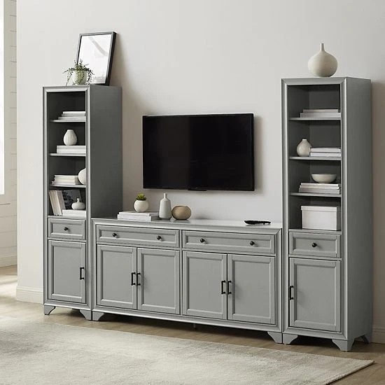 Crosley Tara Entertainment TV Stand & Bookcase 3-piece Set Distressed Gray 7 Crosley Tara Entertainment TV Stand & Bookcase 3-piece Set Distressed Gray - Image 5