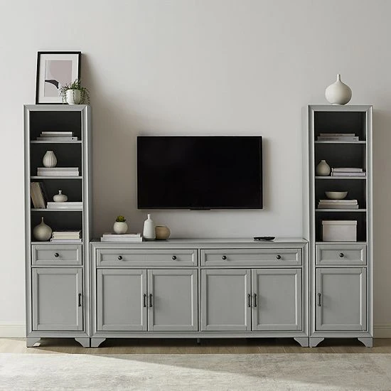 Crosley Tara Entertainment TV Stand & Bookcase 3-piece Set Distressed Gray 8 Crosley Tara Entertainment TV Stand & Bookcase 3-piece Set Distressed Gray - Image 6