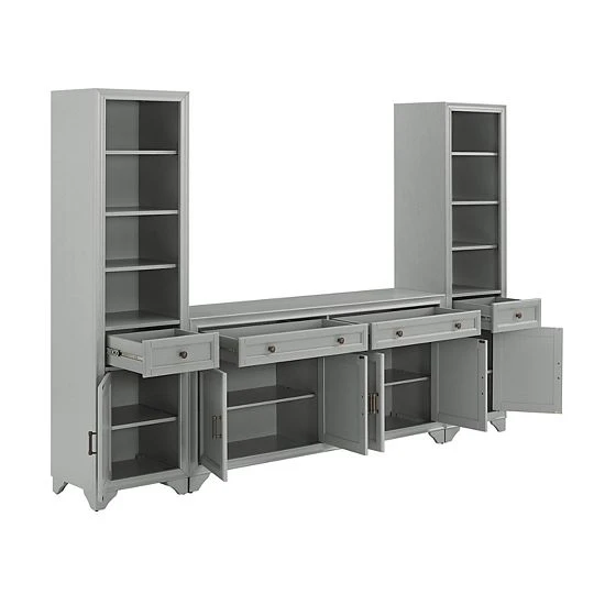 Crosley Tara Sideboard & Bookcase 3-piece Set Distressed Gray 4 Crosley Tara Sideboard & Bookcase 3-piece Set Distressed Gray - Image 3
