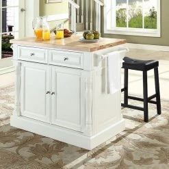 Crosley Furniture 3-piece Kitchen Island & Saddle Counter Stool Set White