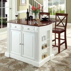 Crosley Furniture 3-piece Drop-Leaf Kitchen Island & X-Back Counter Chair Set White