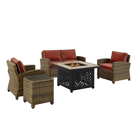 Crosley Bradenton Wicker Patio Loveseat, Arm Chair, End Table & Fire Pit 5-piece Set Weathered Brown Sand 2 Crosley Bradenton Wicker Patio Loveseat, Arm Chair, End Table & Fire Pit 5-piece Set Weathered Brown Sand